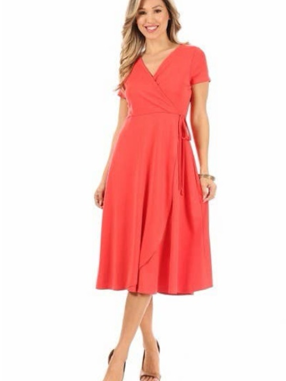 Coral Red Faux Wrap Dress